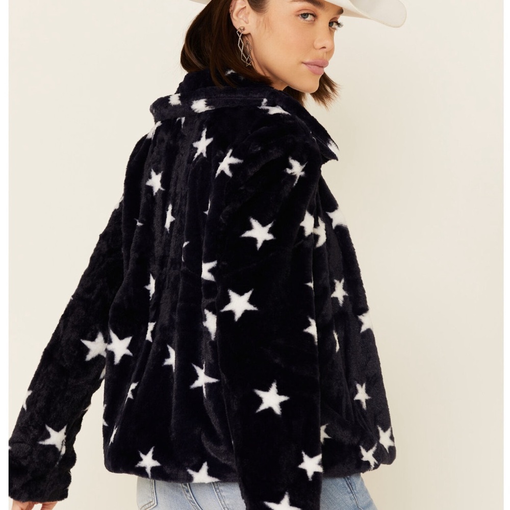 Hem & Thread faux fur navy and white star jacket M